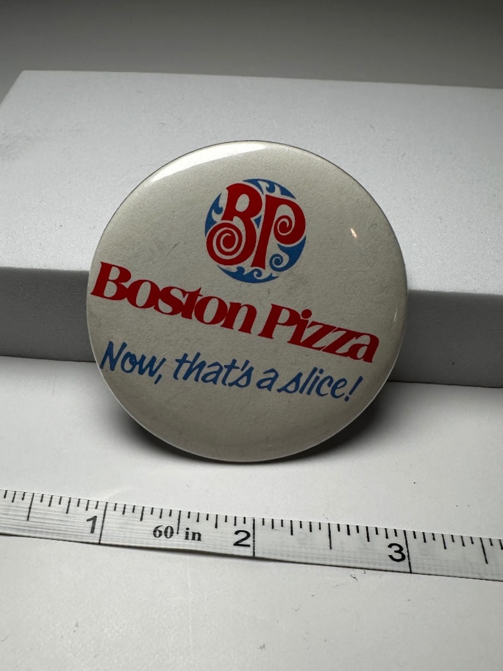 Vintage Boston Pizza “Now That’s a Slice!” Pinback Button Retro Advertising